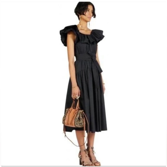 Ulla Johnson Dresses & Skirts - Ulla Johnson Amira Poplin Ruffle Black‎ Midi Dress- NWT